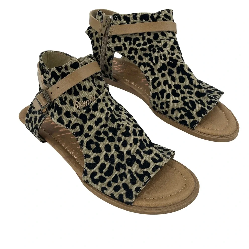 Blowfish Malibu Womens B130 Sandals Sz. 8 Leopard Print‎ Tan NWOT Buckle Zip